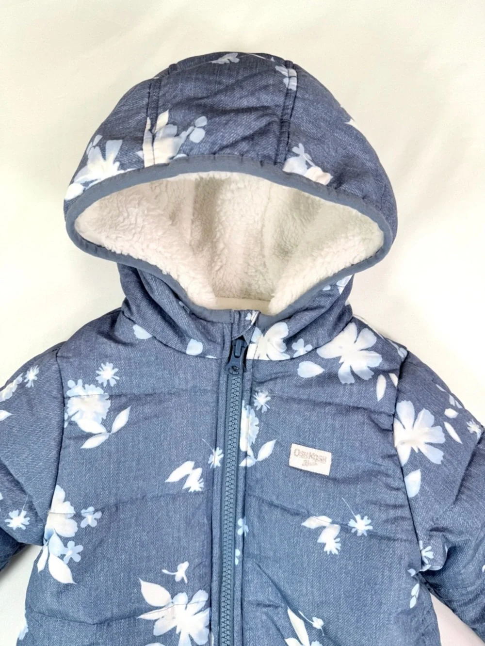OSHKOSH Baby Girl Snowsuit‎ 6-9M Blue Floral Hooded Winter Puffer Cottagecore